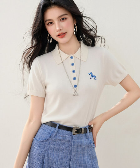 실사 있음 2026 POLO 칼라 도트 무늬 작은 말 자수 털 니트 스웨터 여성 여름 새로운 반팔 맨위
