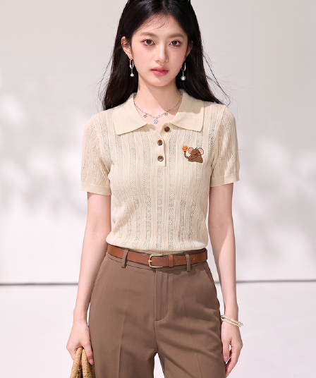 있음 2026 여름 새로운 polo 폴로 칼라 아기 코끼리 프린트 긍정적 인 어깨 반팔 티셔츠 여성 고유 한 아름다운 ~ 중 맨위