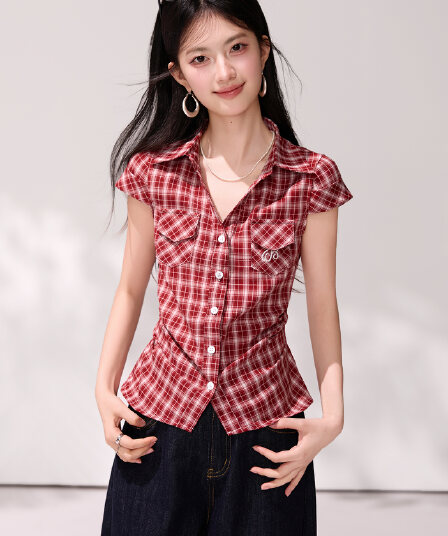 2026 여름 레트로 체크무늬 반팔 셔츠 소녀 폴로 칼라 허리 수축 몸매 가꾸기 슬림해 보이는 연령 감소 섹션 맨위