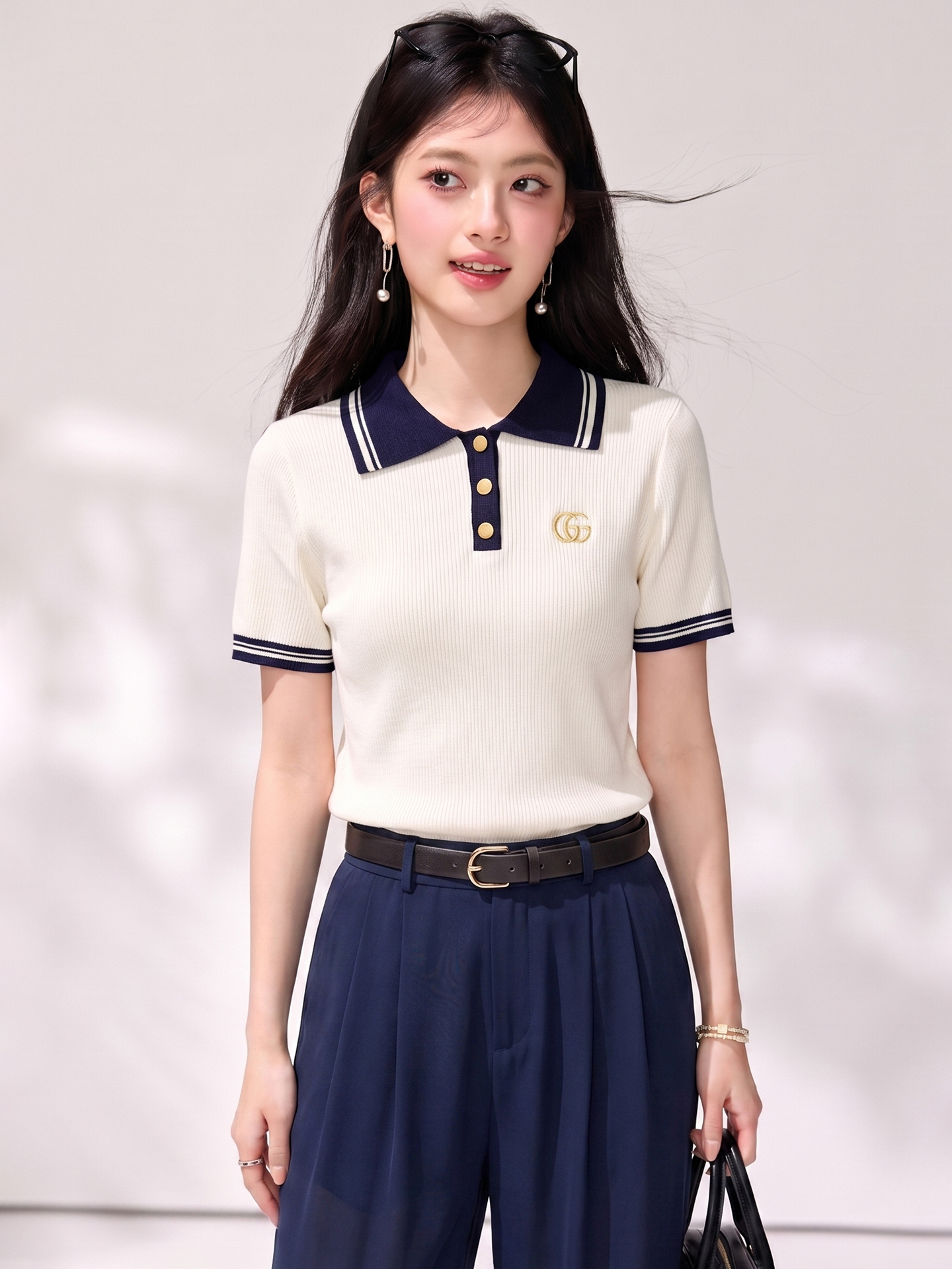 실사 있음 2026 여름 배색 POLO 칼라 자수 반팔 여성 다용도 캐주얼 다용도 외국 가스 맨위