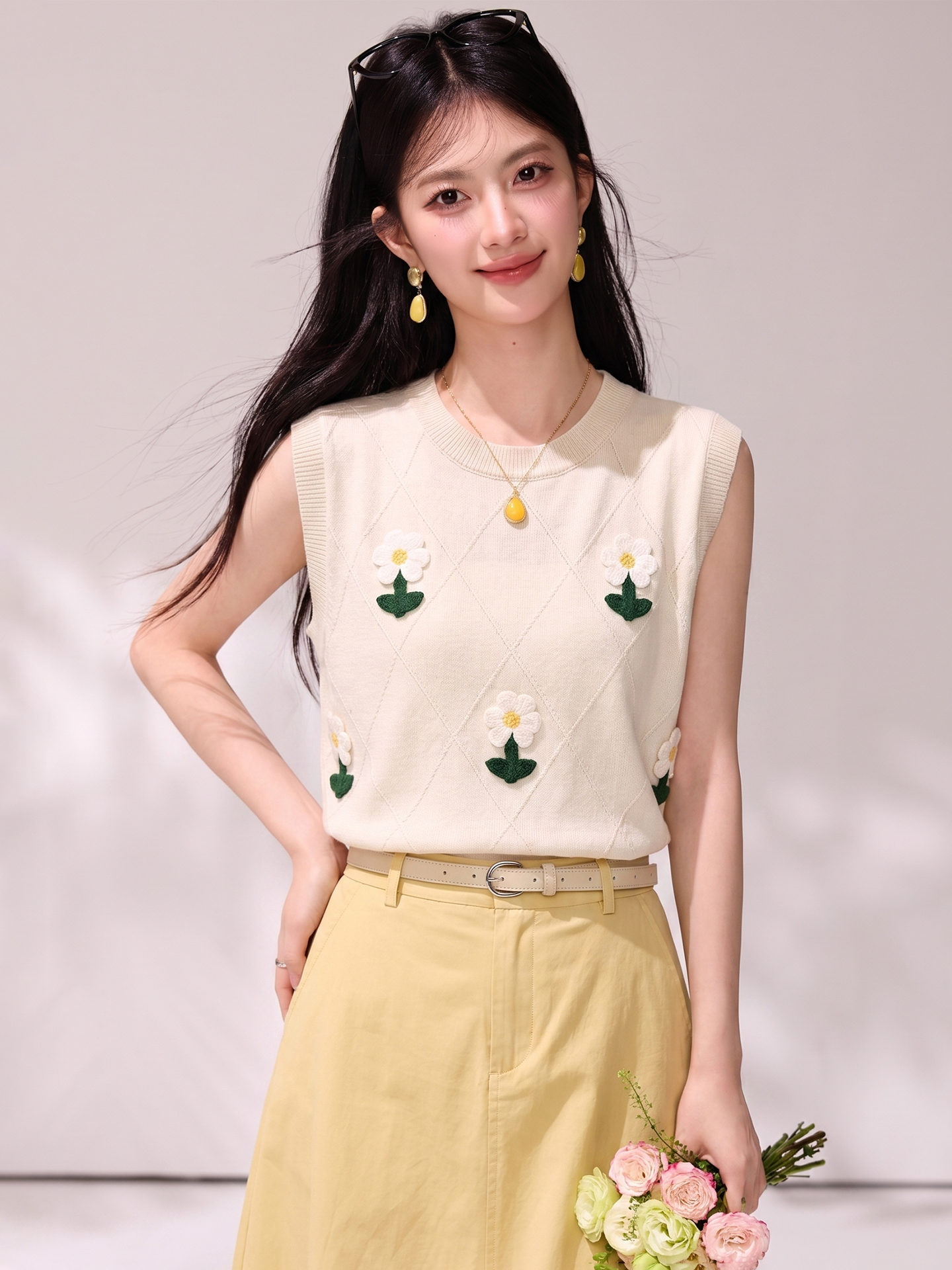 실사 있음 2026 여름 한 부서 부드러운 바람 작은 꽃 티셔츠 링 그리드 민소매 슬림해 보이는 다용도 니트 조끼