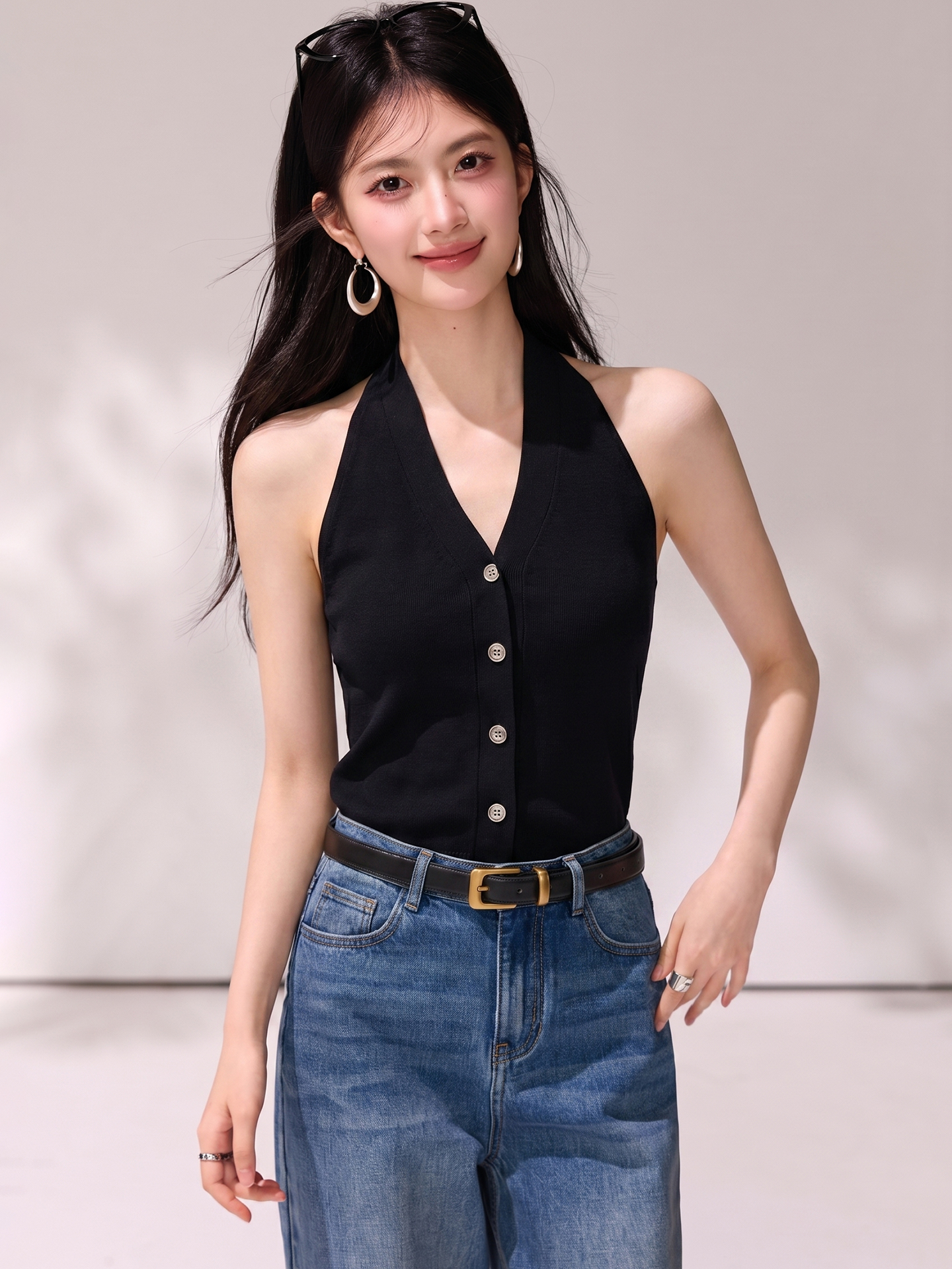 실사 있음 2026 디자인 센스 행침 목 민소매 니트 캐미솔 몸매 가꾸기 슬림해 보이는 품격 맨위