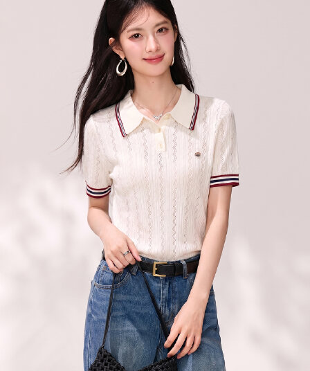 2026 학원 스타일 POLO 셔츠 반팔 홀로우 아웃 니트 티셔츠 여성 여름 새로운 슬림해 보이는 다용도 질감 센스 맨위