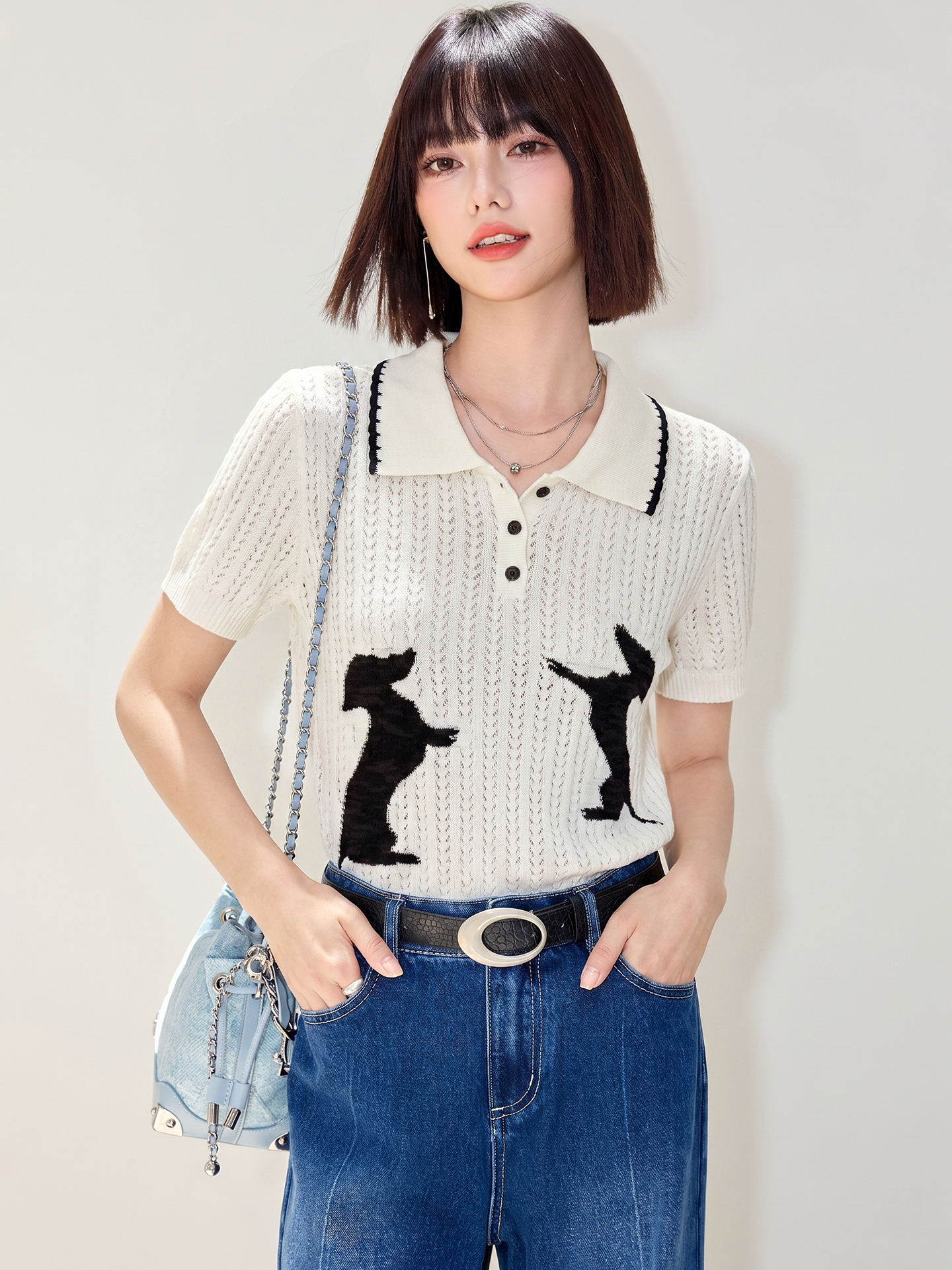 있음 2026 아메리칸 레트로 니트 반팔 여성 강아지 자카드 홀로우 아웃 POLO 셔츠 티셔츠 캐주얼 느긋한 맨위