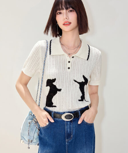 있음 2026 아메리칸 레트로 니트 반팔 여성 강아지 자카드 홀로우 아웃 POLO 셔츠 티셔츠 캐주얼 느긋한 맨위