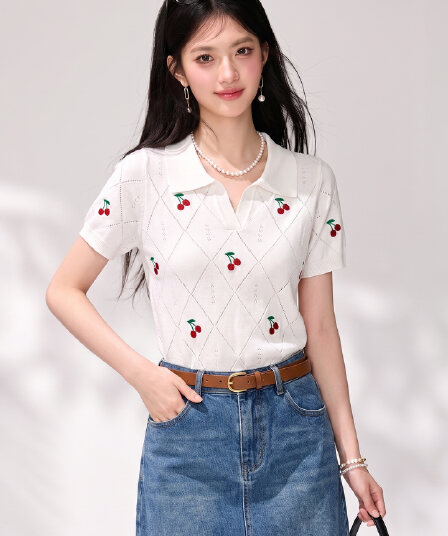 있음 2026 레트로 홀로우 아웃 자수 반팔 니트 스웨터 여성 새로운 여름 루즈핏 슬림해 보이는 외국 가스 연령 감소 맨위