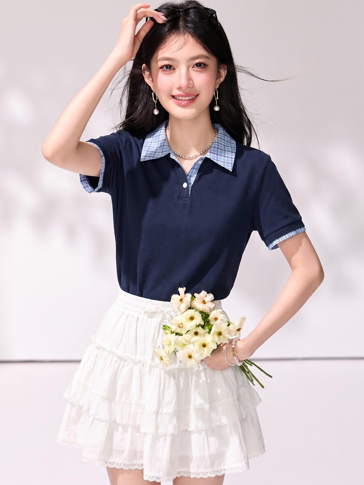 실사 2026 여름 반팔 티셔츠 여성 새로운 학원 스타일 헨리 셔츠 칼라 페이크 레이어드 캐주얼 티셔츠 맨위