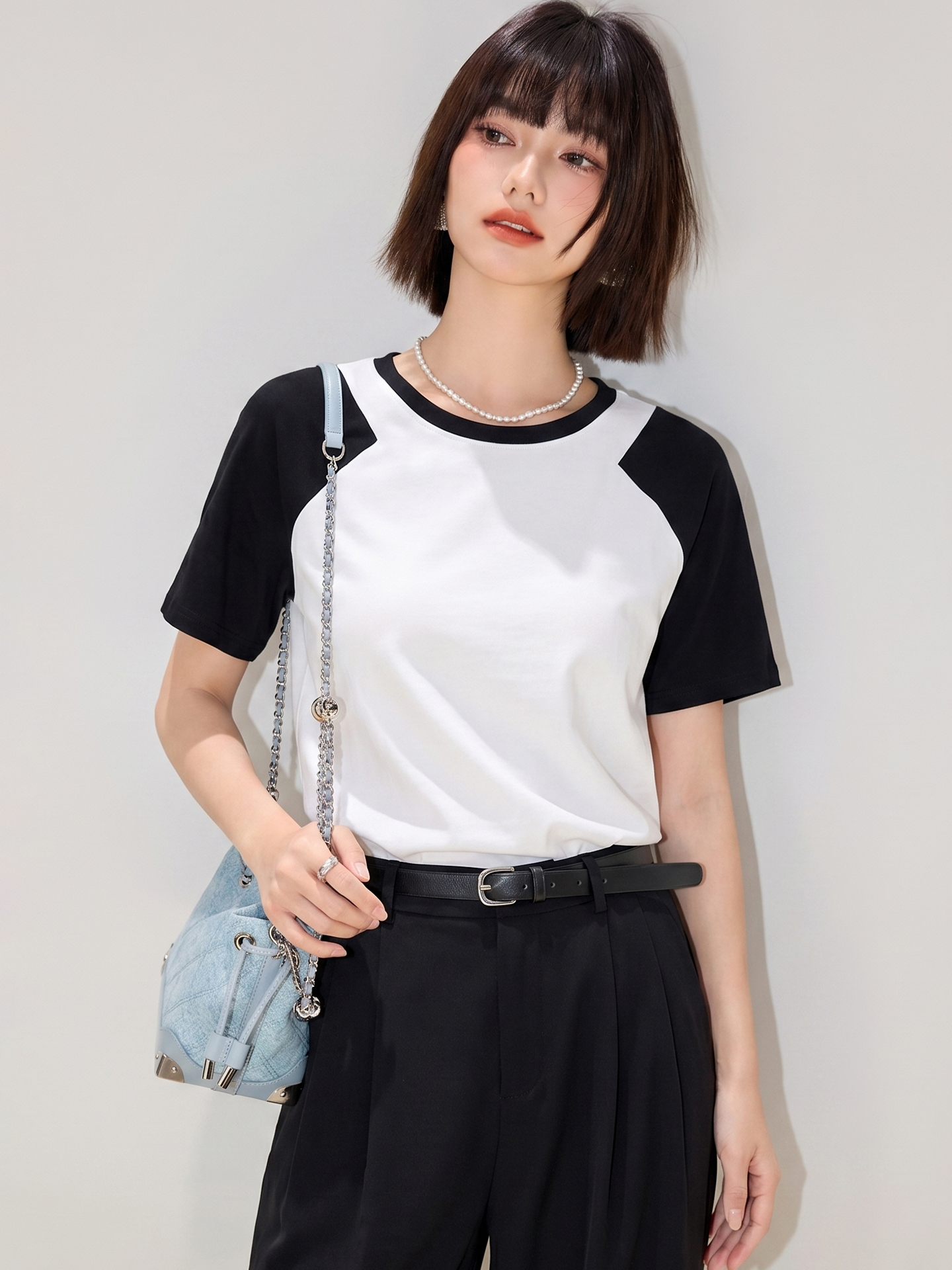 실사 2026 새로운 여름 패치워크 라운드 넥 프린트 배색 삽입 어깨 소매 순면 맨위 트렌디