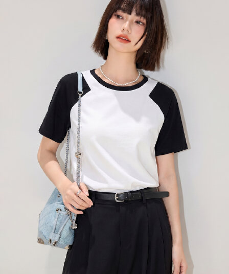 실사 2026 새로운 여름 패치워크 라운드 넥 프린트 배색 삽입 어깨 소매 순면 맨위 트렌디