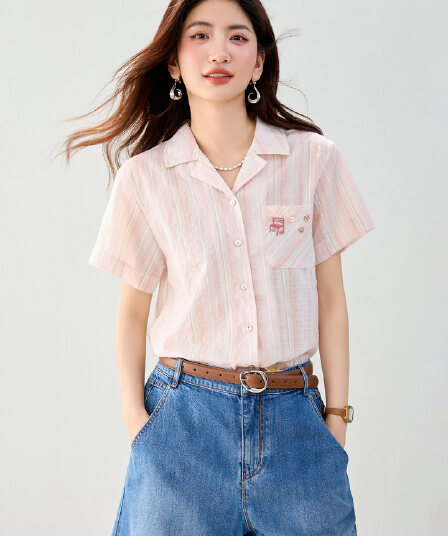 실사 있음 레트로 자수 쿠바 칼라 스트라이프 셔츠 여성용 짧은 소매 여름 새로운 신선함 문예 맨위