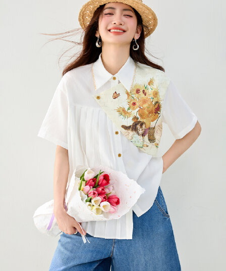 반 고흐 페이크 레이어드 여성 셔츠 2026 여름 새로운 디자인 센스 패치워크 화이트 셔츠 사진관 아침 빛
