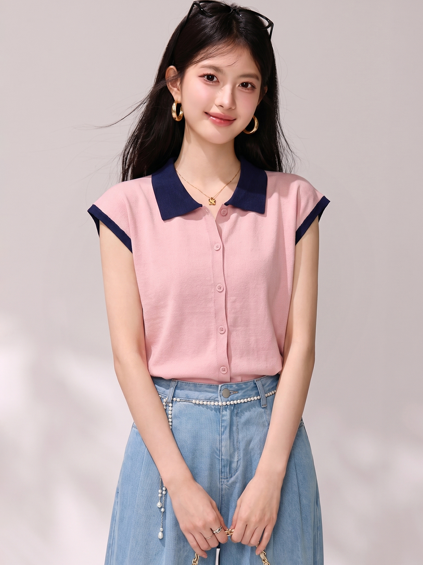 있음 2026 한 부서 배색 POLO 칼라 반팔 니트 스웨터 여성 여름 슬림해 보이는 허리 수축 디자인 센스 맨위