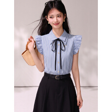批发学院风条纹飞飞袖<b class='q'>衬衫</b>女新款2026夏季Polo领<b class='q'>蝴蝶结</b>系带<b class='q'>衬衣</b>