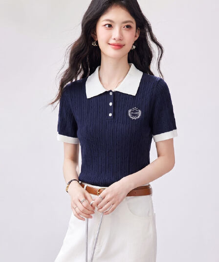 있음 2026 학원 스타일 POLO 칼라 얼음 실크 니트 반팔 여름 새로운 연령 감소 배색 고급 센스 다용도 맨위