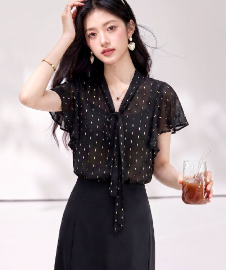 cocobella2026 년 여름 조용한 럭셔리 바람 자카드 직금 도트 무늬 사람들 실크 셔츠 리본 반팔 셔츠
