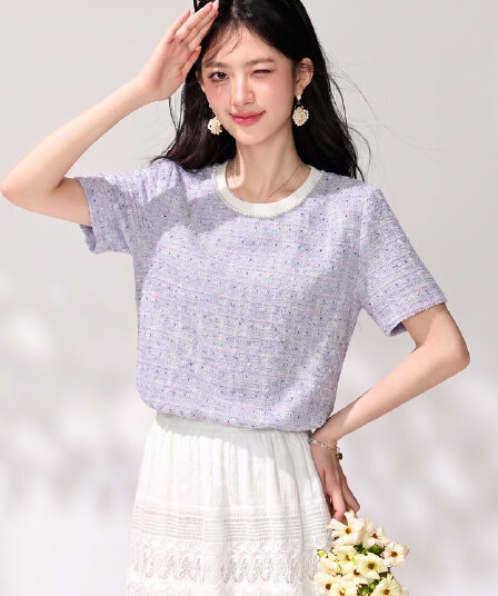 파란색 꿈 나라 라운드 넥 반팔 티셔츠 여성 여름 새로운 작은 샤넬 스타일 고유 한 Chic 맨위