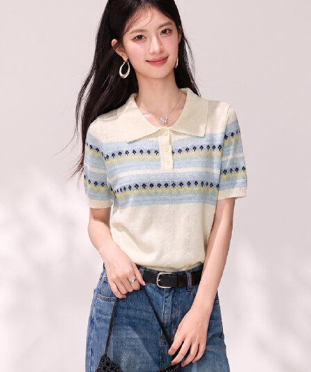 백 그림 패치워크 색상 자카드 니트 스웨터 여성용 짧은 소매 2026 년 여름 새로운 POLO 칼라 작은 셔츠 스웨터