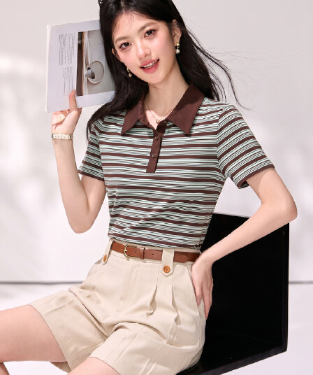 실사 아메리칸 레트로 스트라이프 폴로 칼라 반팔 티셔츠 여성 여름 루즈핏 POLO 셔츠 디자인 센스 풀오버 맨위