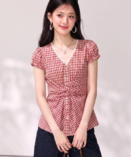 실사 레이스 레이스 반팔 빨간색 체크무늬 여성 셔츠 2026 여름 나비 넥타이 거품 소매 허리 수축 맨위