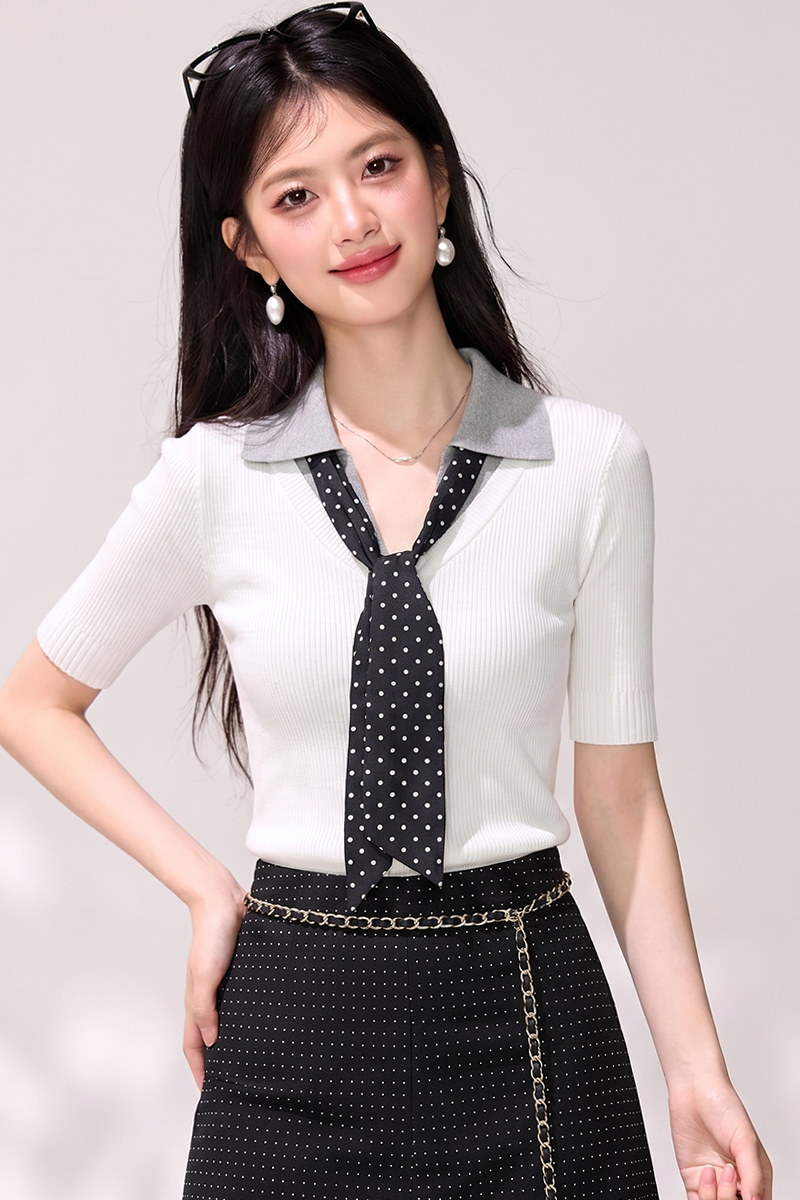 한 부서 학원 스타일 배색 POLO 칼라 페이크 레이어드 니트 스웨터 여성 봄 여름 몸매 가꾸기 5 점 소매 인사이드 가져 가라. 풀오버 맨위