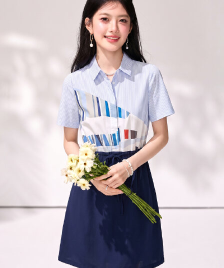 실사 2026 고급 센스 페이크 레이어드 배색 반팔 여성 드레스 중간 길이 허리 수축 슬림해 보이는 셔츠 치마