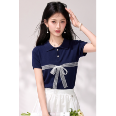 实拍polo衫蝴蝶结短袖针织衫女夏季2026新款百搭绝美薄款上衣