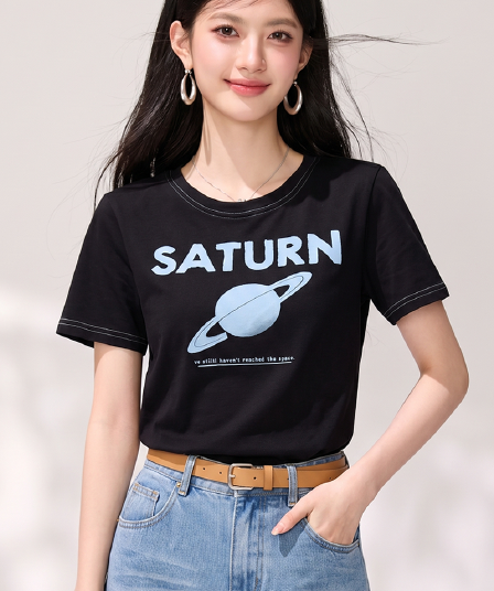 실사 라운드 넥 알파벳 행성 반팔 티셔츠 여성 레저 루즈핏 다용도 슬림해 보이는 동정 맨위 여름 새로운