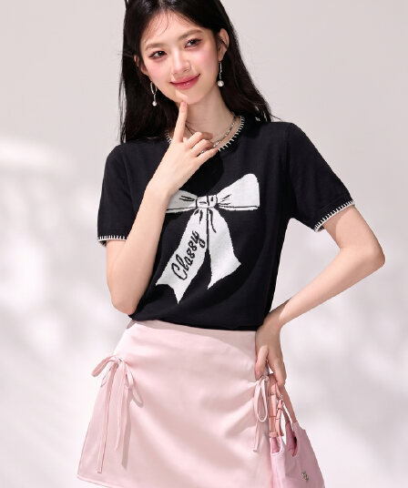 실사 한 부서 패션 Chic 나비 매듭 반팔 티셔츠 여성 의류 여름 루즈핏 라운드 넥 달콤함 맨위