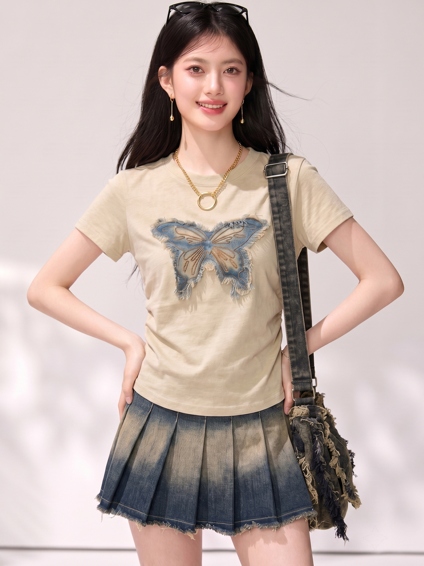 BY26418# 美式辣妹蝴蝶正肩短袖t恤女夏季修身紧身短款收腰半袖上衣 服裝批發女裝批發服飾貨源