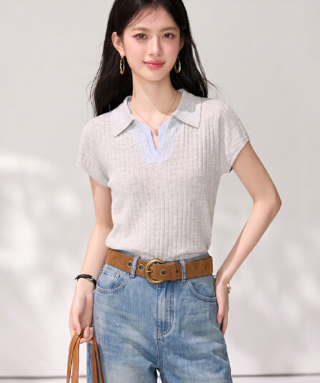 실사 보존 섹션 추천 스트라이프 패치워크 POLO 칼라 반팔 니트 티셔츠 여성 여름 새로운 다용도 맨위
