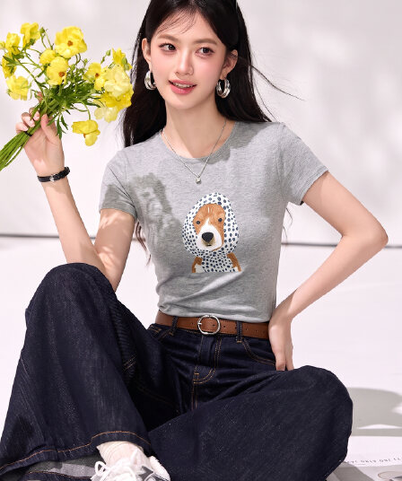 실사 회색 강아지 긍정적 인 어깨 반팔 티셔츠 여성 여름 2026 년 새로운 몸매 가꾸기 허리 수축 반소매 쇼트 스타일 맨위