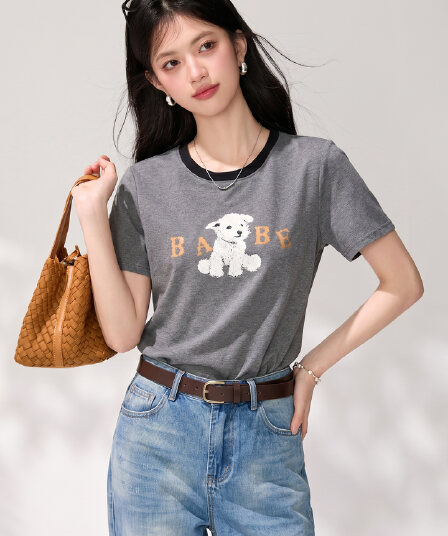 실사 2026 여름 새로운 아메리칸 레트로 명중 측면 라운드 넥 티셔츠 만화 강아지 프린트 루즈핏 캐주얼 맨위