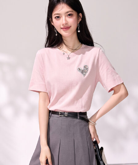 프랑스식 패션 품격 연령 감소 다이아몬드 세팅 하트 패턴 반팔 작은 대중 Chic 고유 한 맨위 부드러운 찹쌀 출퇴근 티셔츠