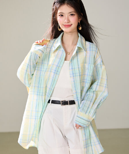 실사 있음 재킷 한 부서 루즈핏 자외선 차단 긴팔 격자 무늬 셔츠 느긋한 디자인 센스 맨위 박하