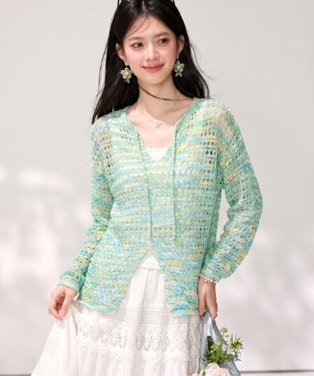 실사 있음 2026 한 부서 다용도 홀로우 아웃 자외선 차단 캐주얼 니트 오픈 가디건 소녀 착용 가져 가라. 슬림해 보이는