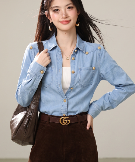 파란색 POLO 칼라 데님 셔츠 2024 봄 여성 의류 프랑스식 디자인 센스 셔츠 이른 봄 새로운 긴팔 맨위