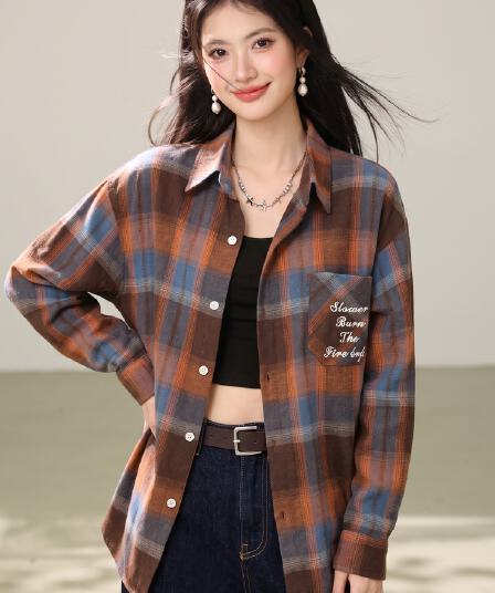 실사 디자인 센스 레트로 항구 바람 긴팔 오픈 가디건 청춘 루즈핏 다용도 배색 얇은 스타일 격자 무늬 셔츠
