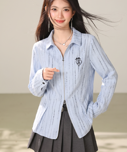 실사 하늘색 더블 머리 지퍼 셔츠 POLO 칼라 거리 바람 루즈핏 디자인 센스 여성 긴 소매 카디건 코트