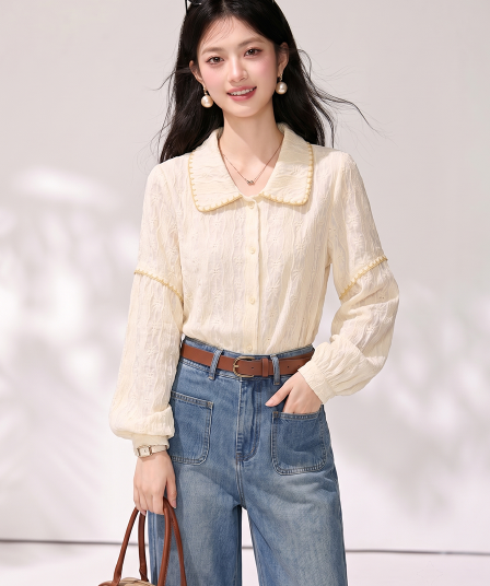 실사 배색 질감 센스 패치워크 폴로 칼라 긴팔 여성 셔츠 가을 새로운 루즈핏 다용도 긴팔 맨위