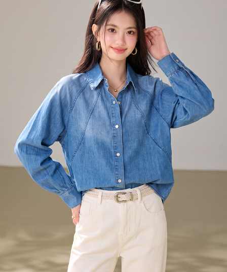 실사 파란색 POLO 칼라 데님 셔츠 2026 가을 프랑스식 디자인 센스 셔츠 새로운 긴팔 맨위