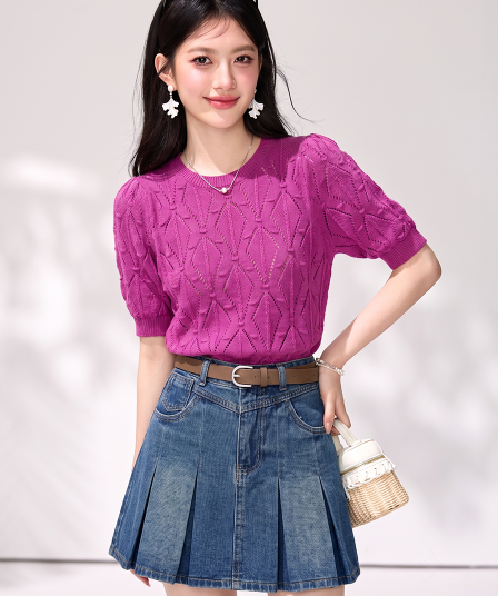 실사 홀로우 아웃 품격 라운드 넥 반팔 편안함 작은 셔츠 다용도 슬림해 보이는 자카드 질감 니트 스웨터 맨위 여성