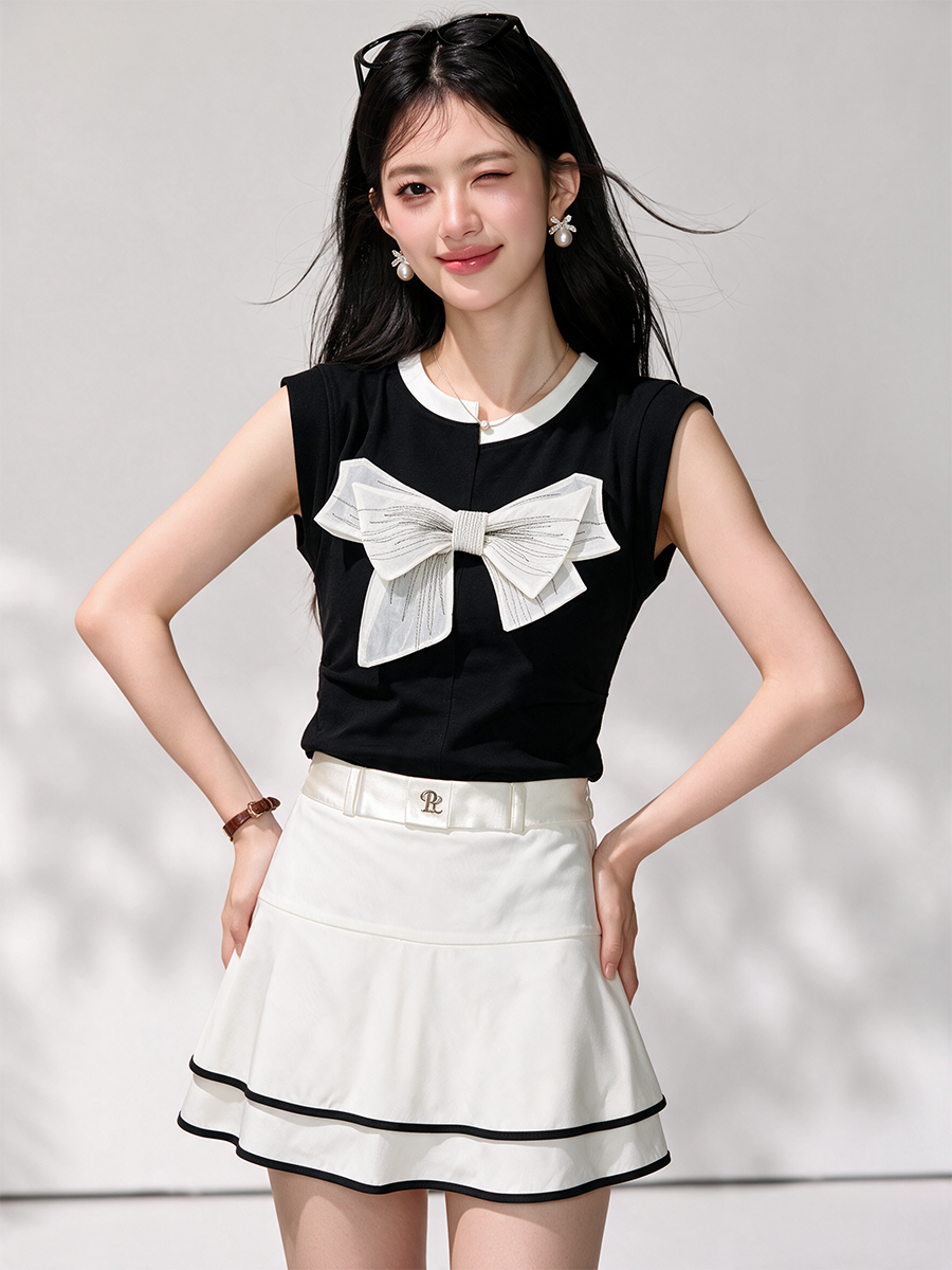 蝴蝶结无袖t恤女夏季新款背心设...