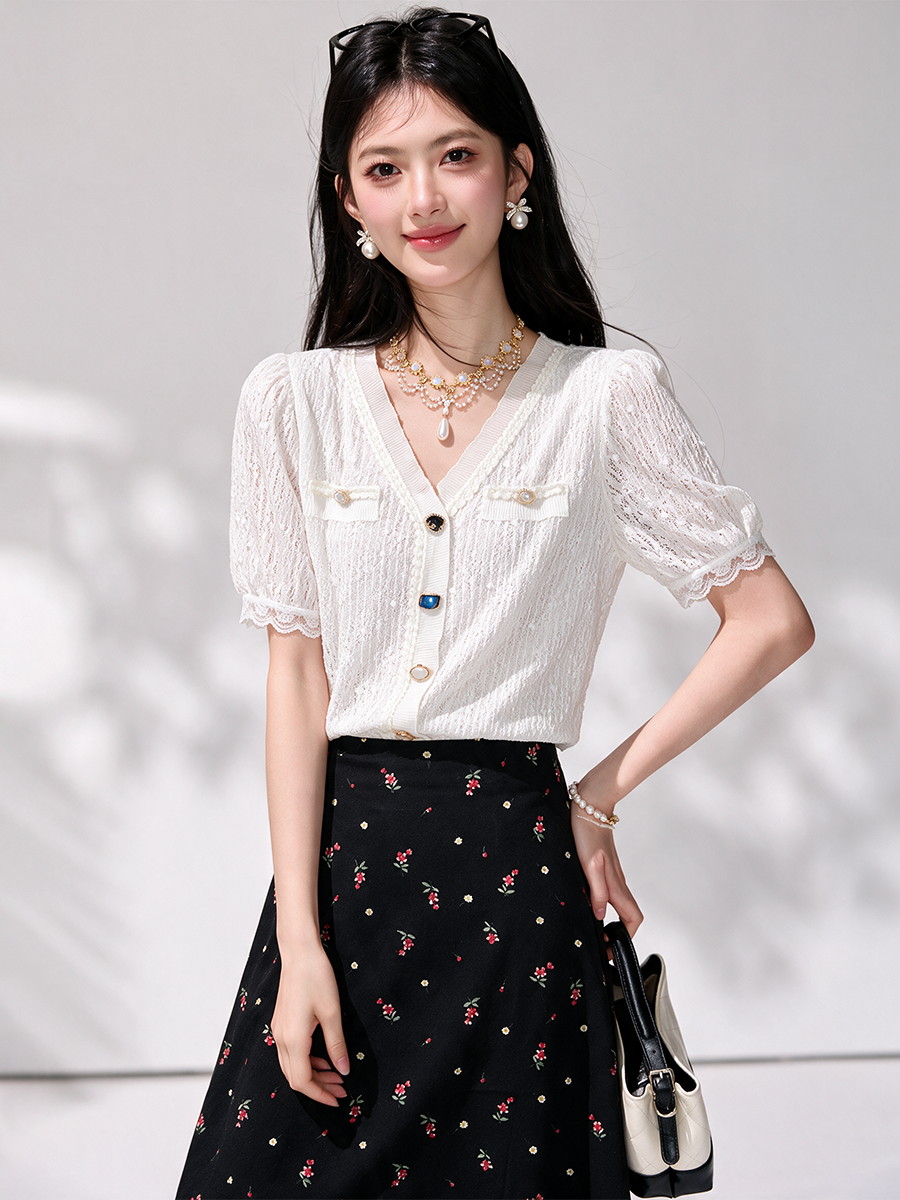 法式高级感蕾丝V领短袖衬衣衬衫...