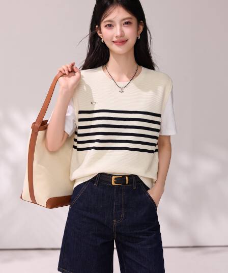 실사 한 부서 학원 스타일 배색 페이크 레이어드 니트 티셔츠 여성 여름 올해 인기 다용도 맨위