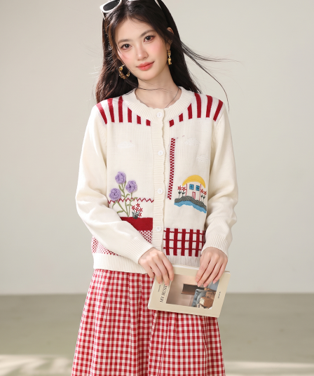 2026 이른 가을 새로운 배색 스트라이프 라운드 넥 니트 오픈 가디건 여성 부드러운 자수 꽃 스웨터 코트