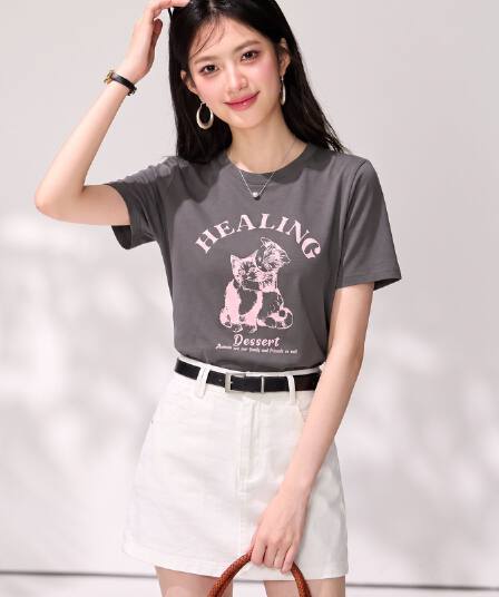실사 회색 루즈핏 반팔 티셔츠 여성 여름 느긋한 바람 다용도 라운드 넥 알파벳 프린트 캐주얼 맨위