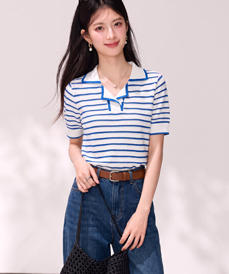 실사 품격 POLO 칼라 풀오버 셔츠 여름 반팔 캐주얼 스트라이프 배색 니트 풀오버 셔츠 맨위 여성