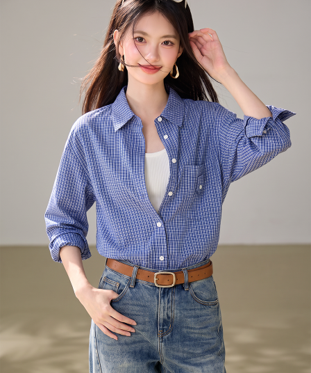 실사 miu 부서 격자 무늬 셔츠 맨위 여성 얇은 스타일 긴팔 가을 루즈핏 스택 착용 캐주얼 품격 긍정적 인 어깨 셔츠