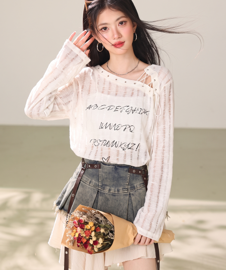 실사 홀로우 아웃 비스듬한 어깨 긴팔 티셔츠 여성 2026 이른 가을 레이스업 루즈핏 얇은 스타일 자외선 차단 블라우스 쇼트 스타일 맨위