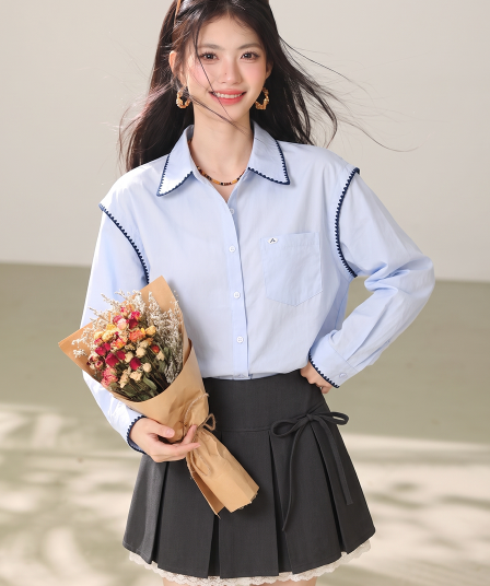 실사 한 부서 학원 스타일 폴로 칼라 긴팔 여성 셔츠 가을 새로운 루즈핏 출퇴근 작은 대중 Chic 배색 맨위
